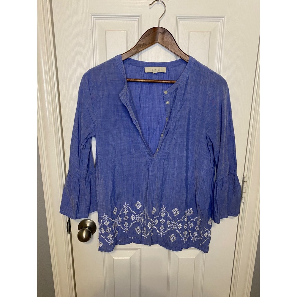 LOFT Blue Embroidered Bell Sleeve Split Neck Blouse Top Small Cottagecore Boho
